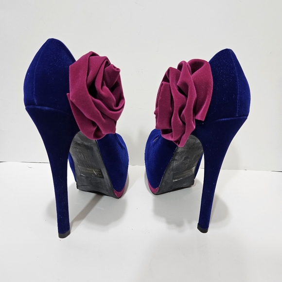Qupid Blue/Dark Pink Velvet Peeptoe Platform Stilettos Sz 7.5 - Picture 5 of 8